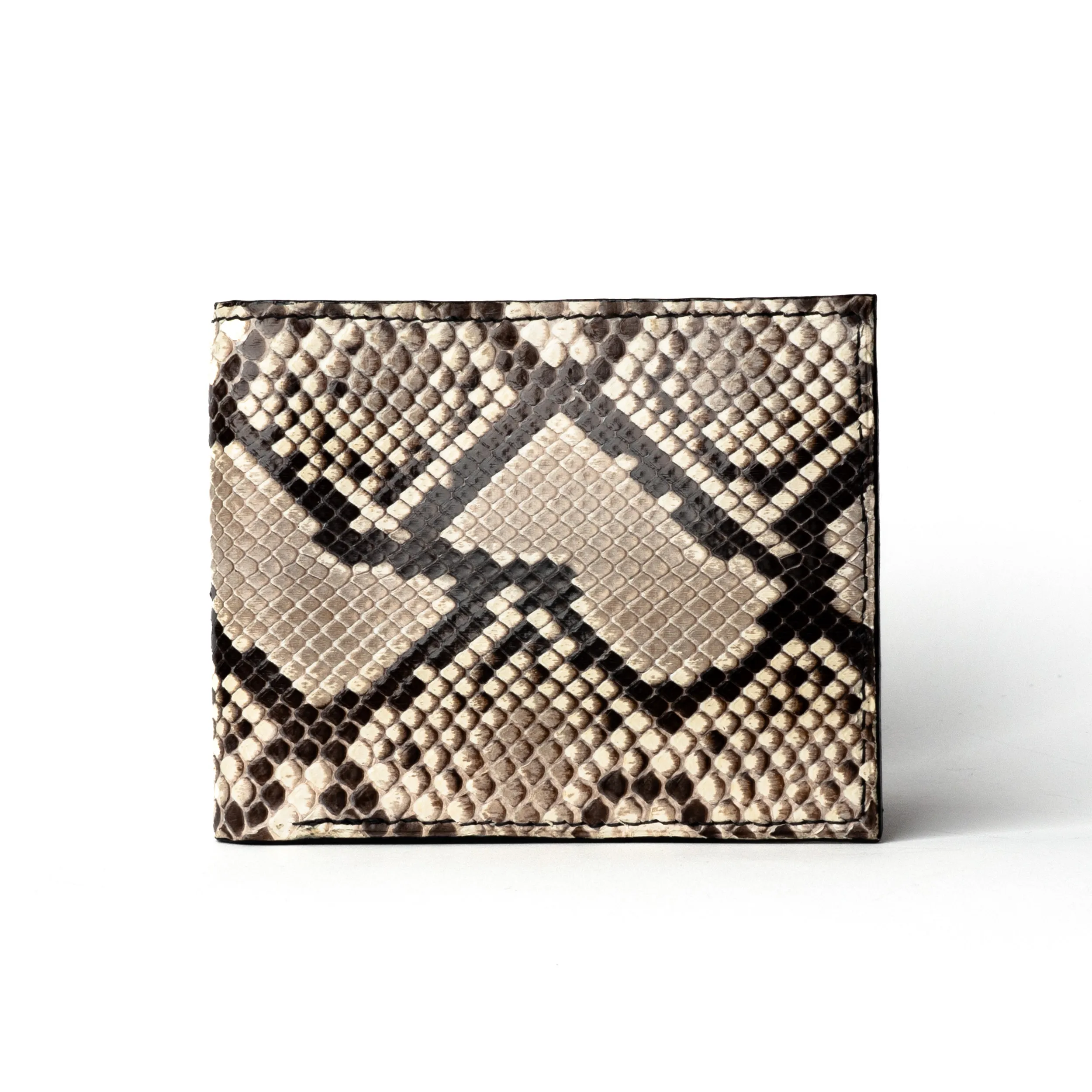 Front view of a handmade python leather wallet