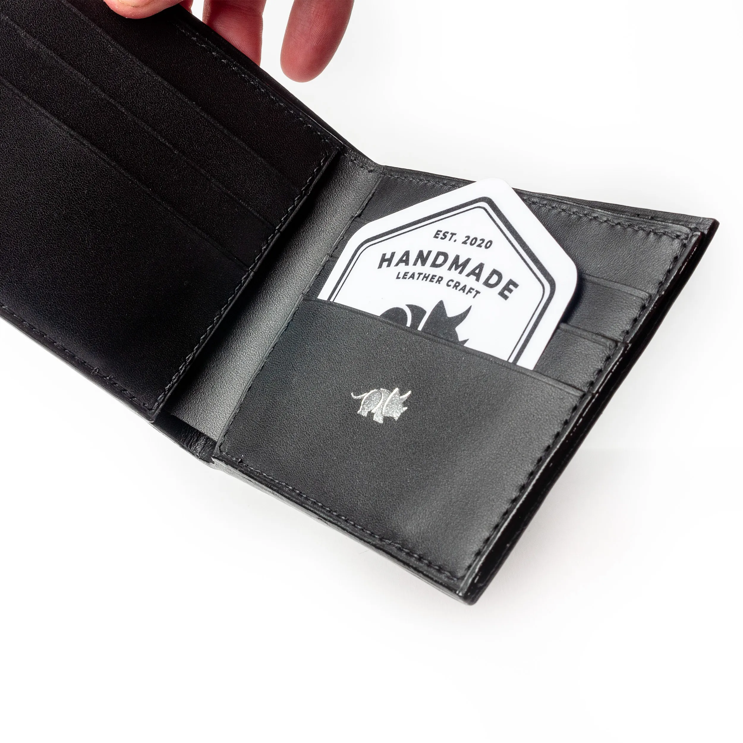 Interior detail of a handmade leather wallet